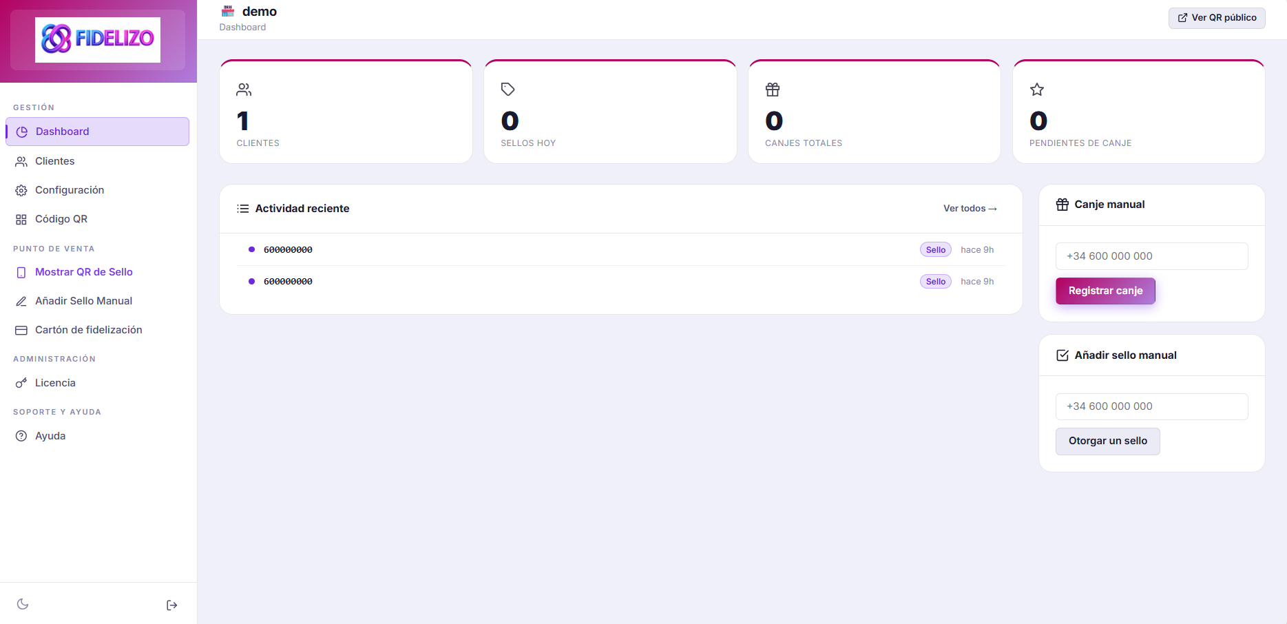 Panel de administraci&oacute;n de Fidelizo con estad&iacute;sticas y gesti&oacute;n de clientes